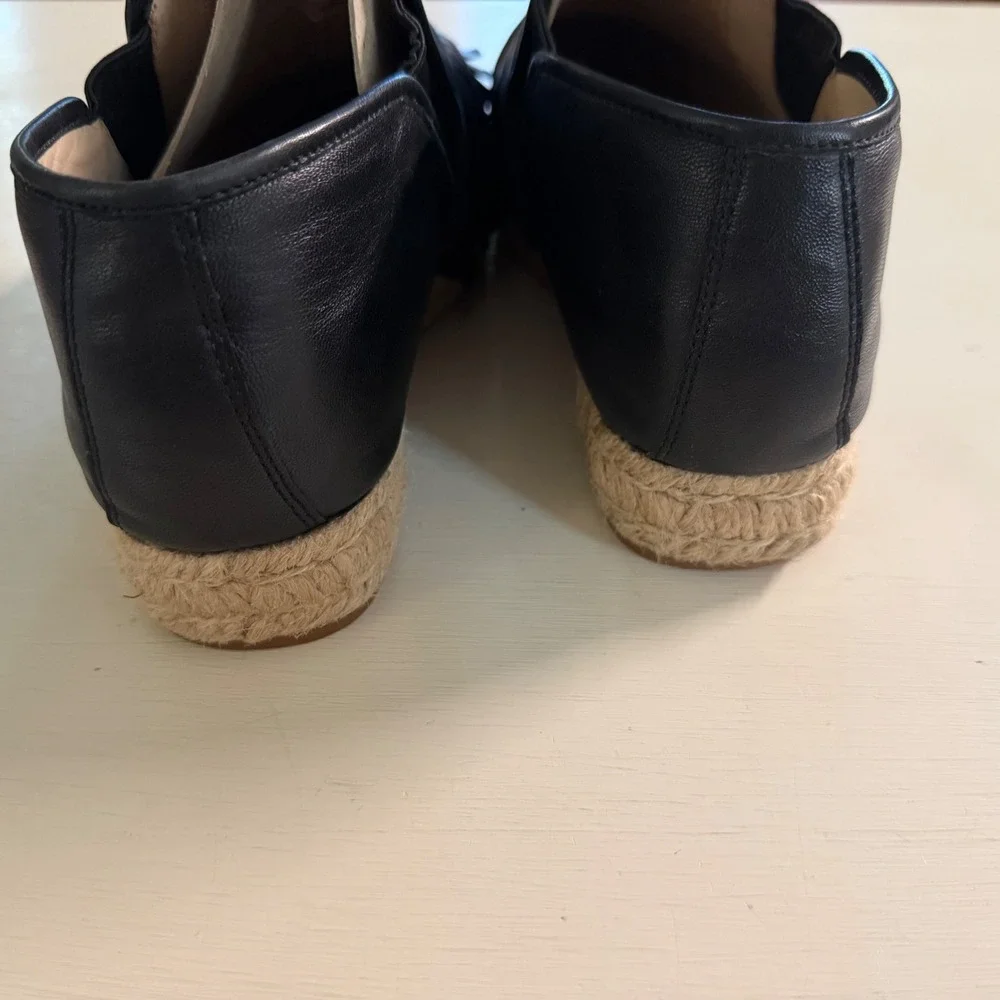Tory Burch Black Leather Fringe Espadrille Loafers Size 8 Embroidered Logo Flats